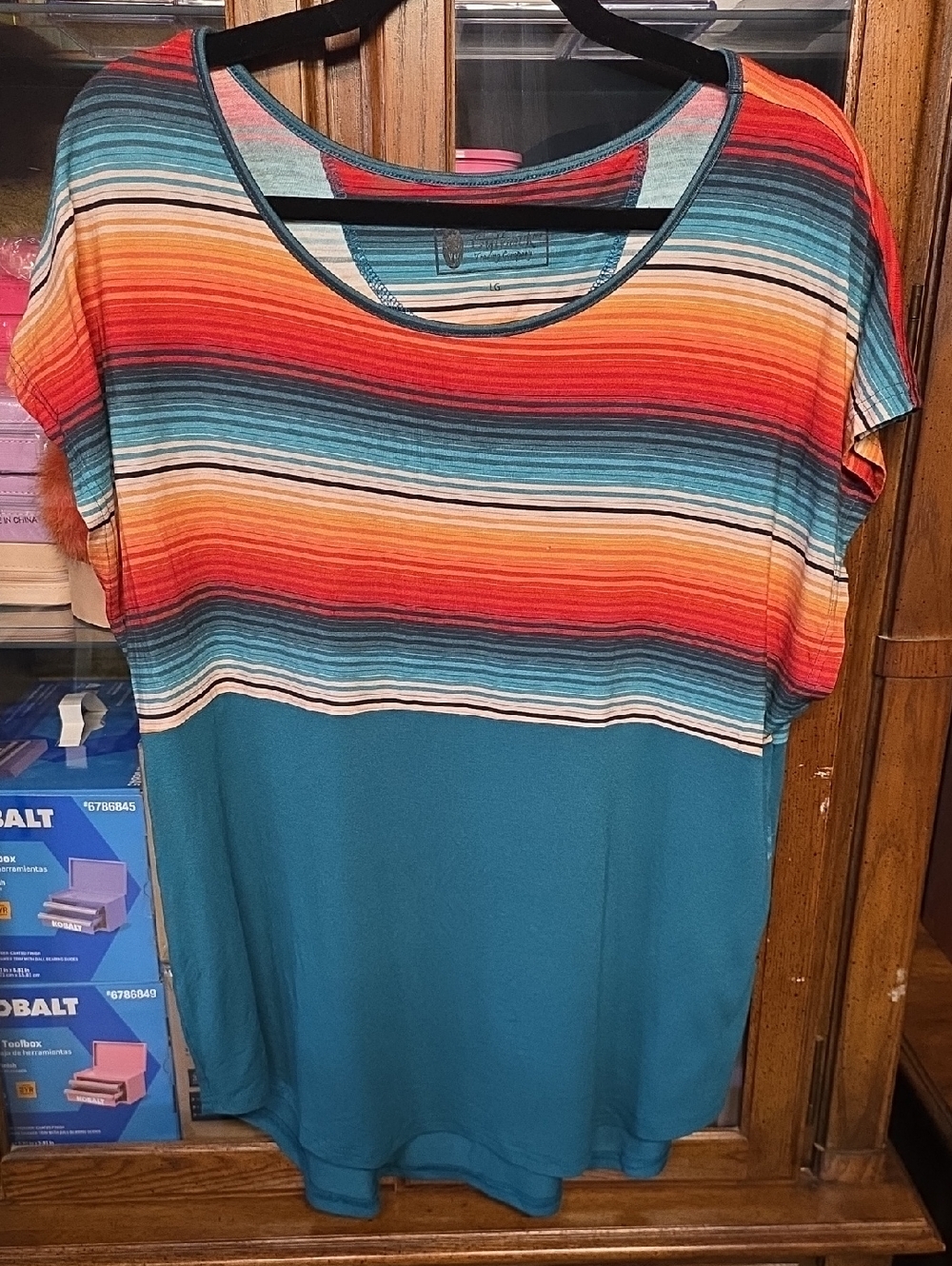 Outback Trading CO Striped Multicolor & Teal Women's Scoop Neck Top